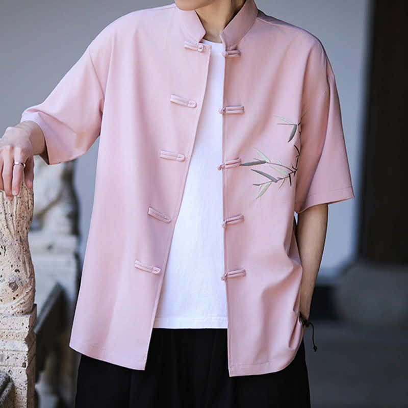 Nimara Ritual Summer Tang Style Mandarin Collar Frog Button Bamboo Embroidery Men's Short Sleeve Shirts