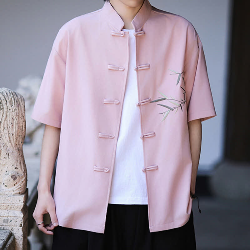 Nimara Ritual Summer Tang Style Mandarin Collar Frog Button Bamboo Embroidery Men's Short Sleeve Shirts