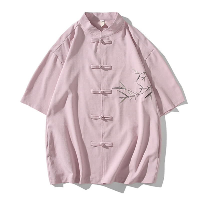 Nimara Ritual Summer Tang Style Mandarin Collar Frog Button Bamboo Embroidery Men's Short Sleeve Shirts