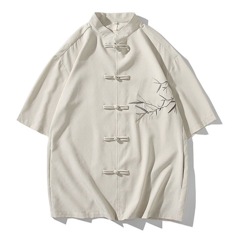 Nimara Ritual Summer Tang Style Mandarin Collar Frog Button Bamboo Embroidery Men's Short Sleeve Shirts
