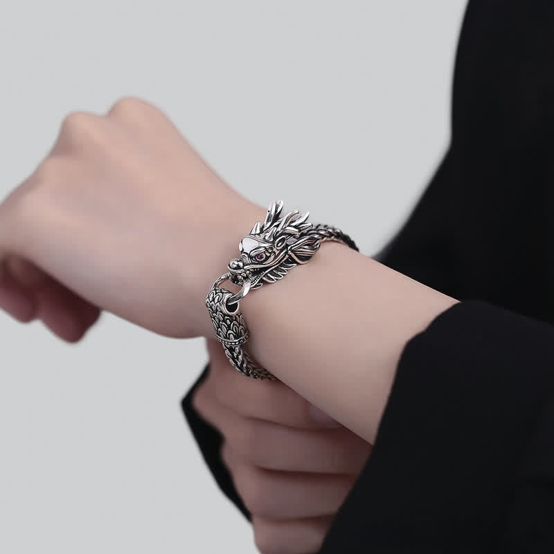 Nimara Ritual Copper Dragon Strength Silver Tone Retro Braided Bracelet
