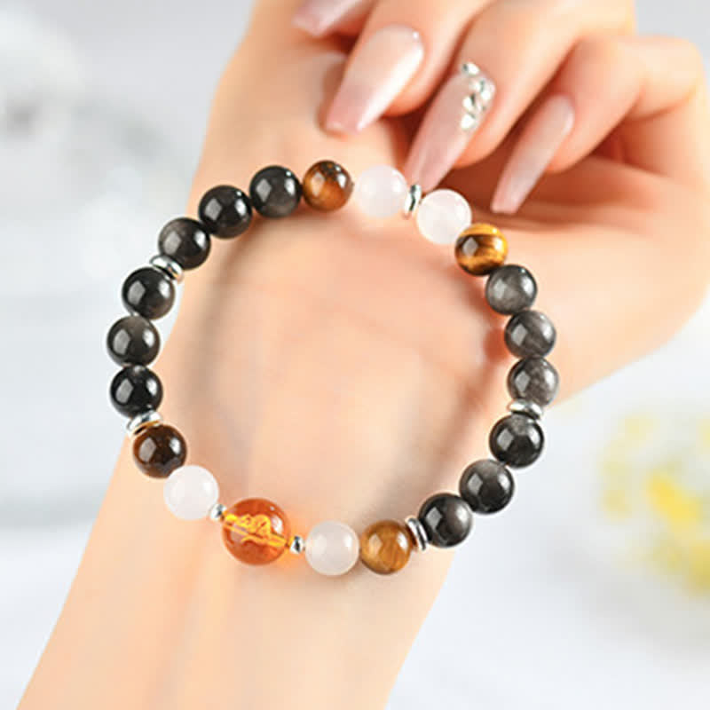 Nimara Ritual Natural Crystals Silver Sheen Obsidian Chinese Zodiac Protection Bracelet