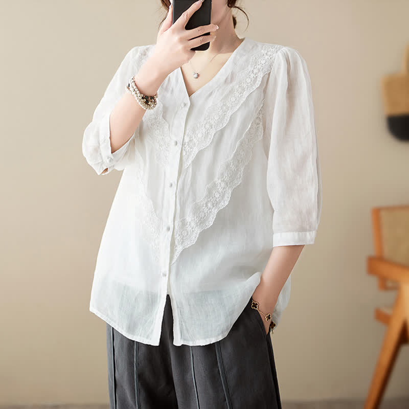 Nimara Ritual Summer Solid V-Neck Lace-trimmed Women's Elbow-Length Sleeve Shirts