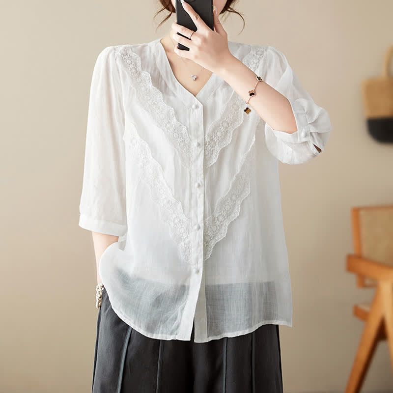Nimara Ritual Summer Solid V-Neck Lace-trimmed Women's Elbow-Length Sleeve Shirts
