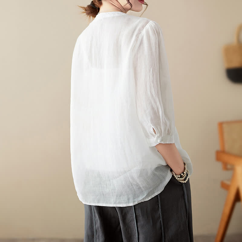 Nimara Ritual Summer Solid V-Neck Lace-trimmed Women's Elbow-Length Sleeve Shirts