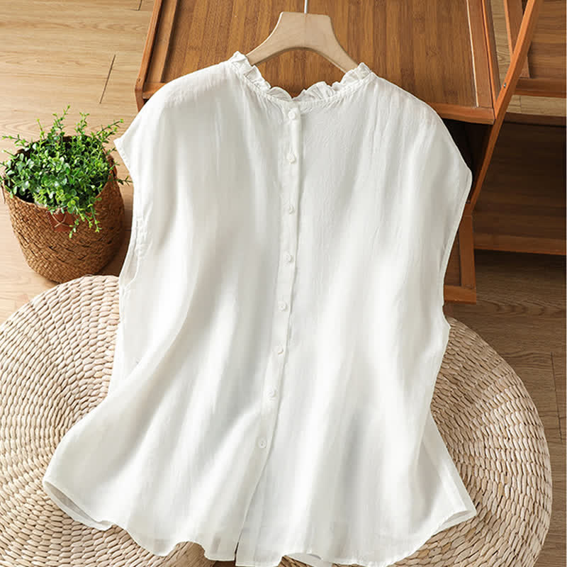 Nimara Ritual Summer Casual Ruffled Collar Back Button-up Solid Women's Sleeveless Shirts