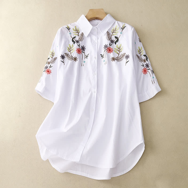Nimara Ritual Spring Summer Boho Embroidery Floral Women's Short Sleeve Shirt