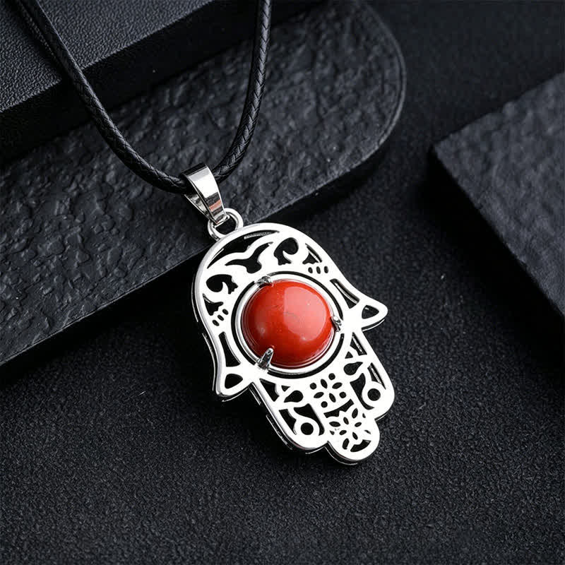 Nimara Ritual Natural Black Obsidian Hamsa Palm Inlay Crystal Strength Necklace