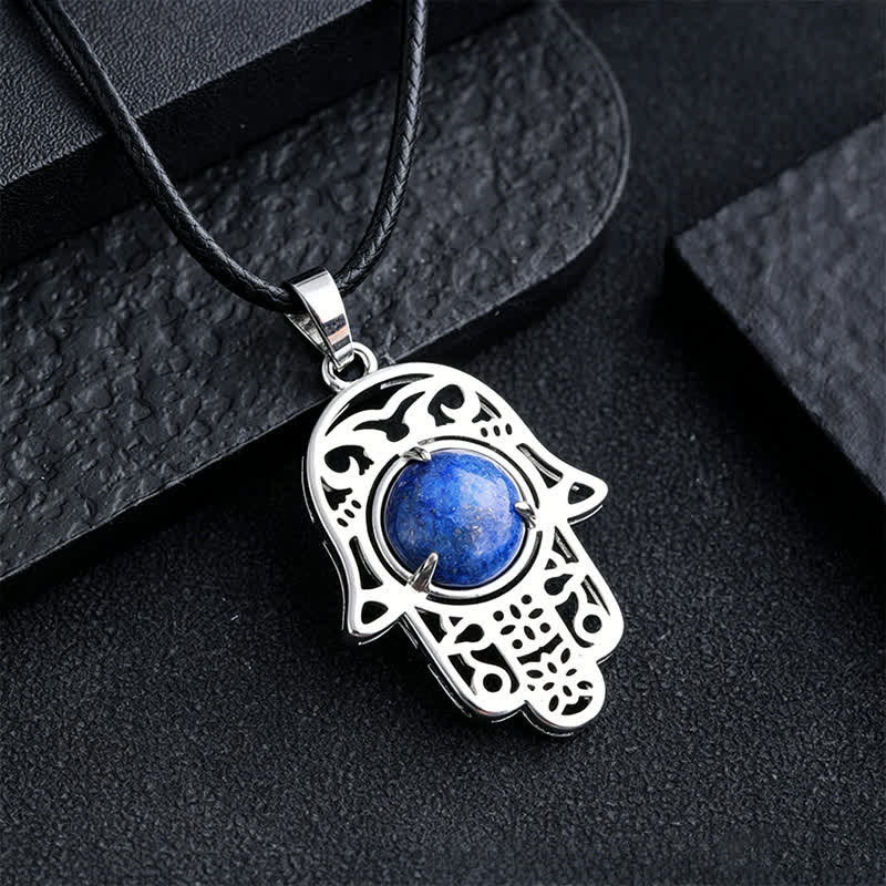 Nimara Ritual Natural Black Obsidian Hamsa Palm Inlay Crystal Strength Necklace