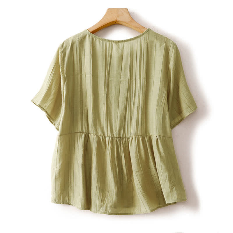 Nimara Ritual Summer Boho Buttons Solid Crew Neck Women's Short Sleeve Shirt