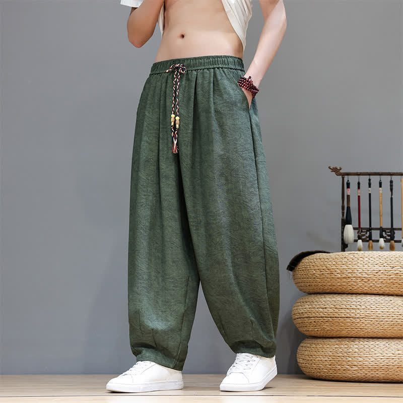 Nimara Ritual Summer Bohemian Drawstring Solid Plant Pattern Men's Harem Pants With Pockets