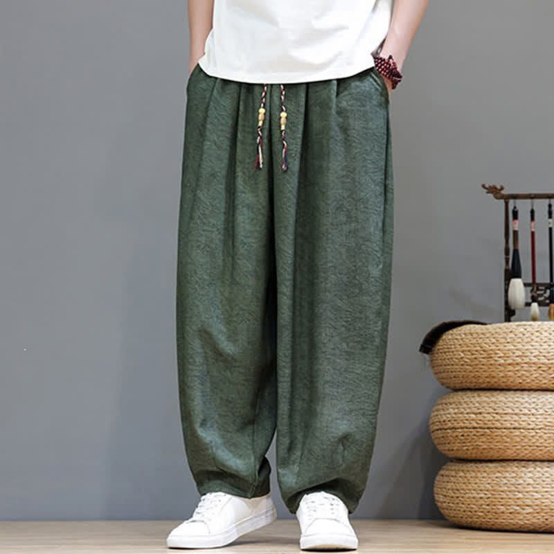 Nimara Ritual Summer Bohemian Drawstring Solid Plant Pattern Men's Harem Pants With Pockets