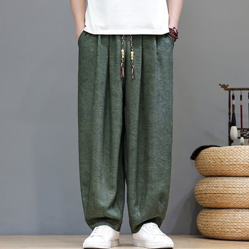 Nimara Ritual Summer Bohemian Drawstring Solid Plant Pattern Men's Harem Pants With Pockets