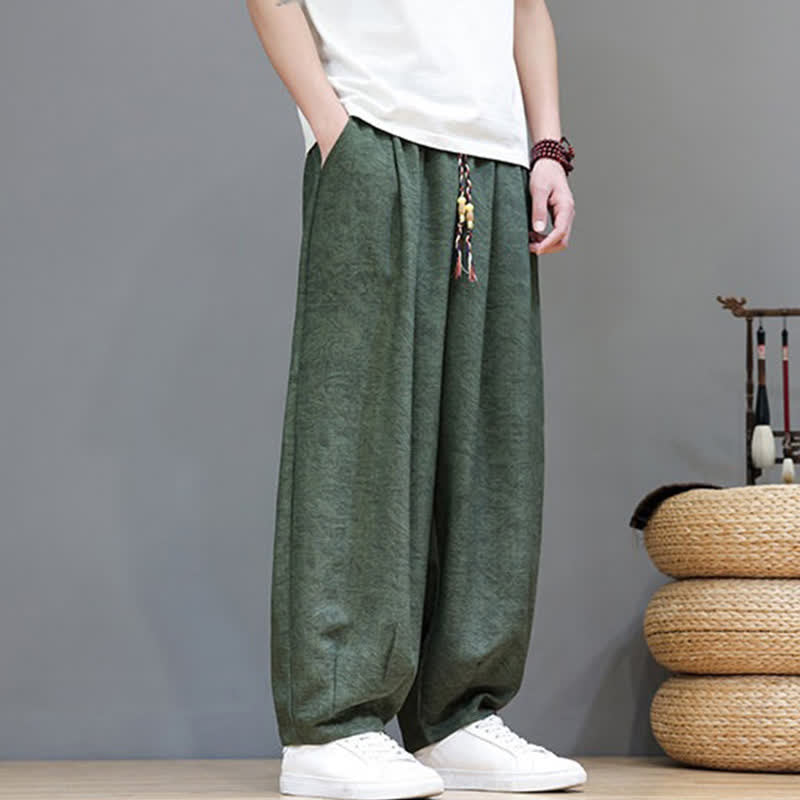 Nimara Ritual Summer Bohemian Drawstring Solid Plant Pattern Men's Harem Pants With Pockets