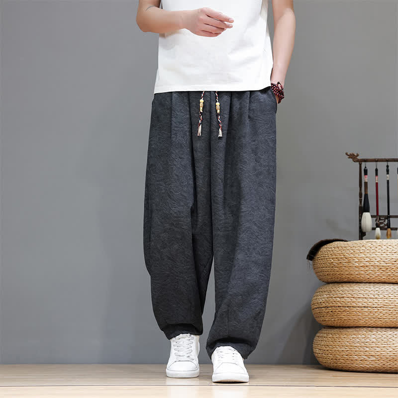 Nimara Ritual Summer Bohemian Drawstring Solid Plant Pattern Men's Harem Pants With Pockets
