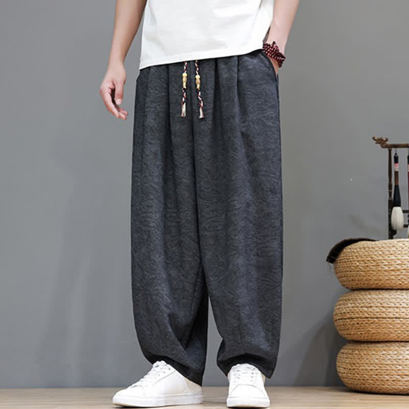 Nimara Ritual Summer Bohemian Drawstring Solid Plant Pattern Men's Harem Pants With Pockets