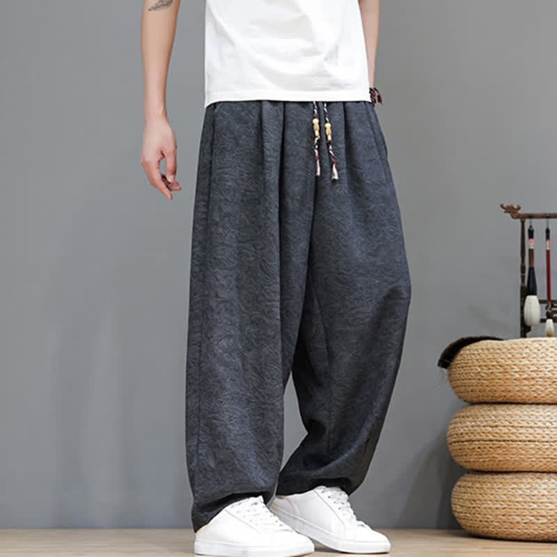 Nimara Ritual Summer Bohemian Drawstring Solid Plant Pattern Men's Harem Pants With Pockets
