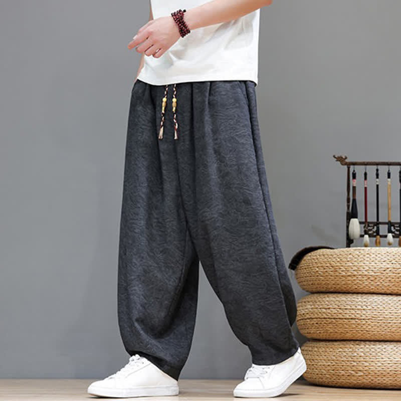 Nimara Ritual Summer Bohemian Drawstring Solid Plant Pattern Men's Harem Pants With Pockets