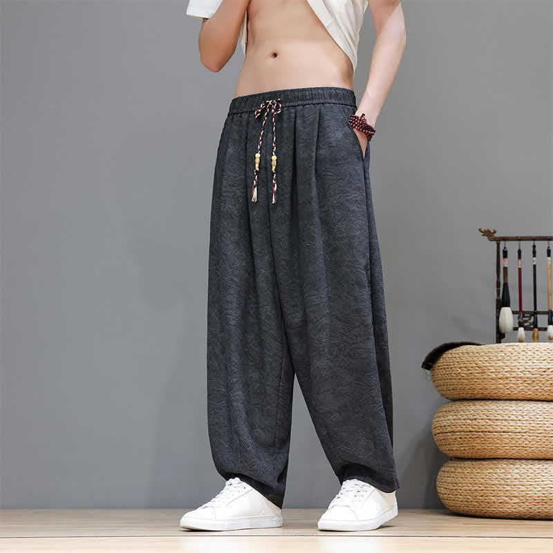 Nimara Ritual Summer Bohemian Drawstring Solid Plant Pattern Men's Harem Pants With Pockets