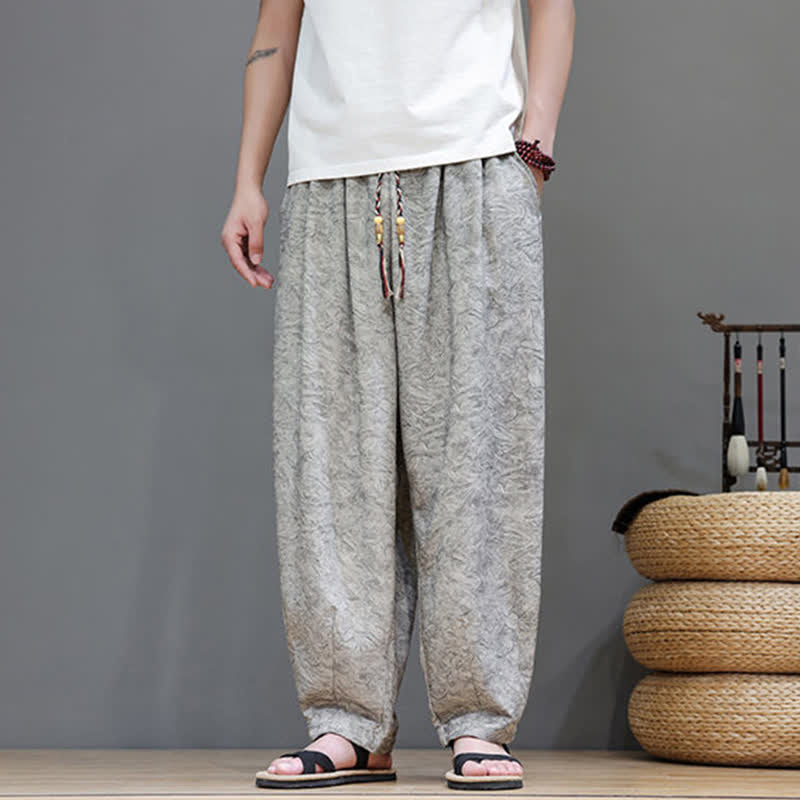 Nimara Ritual Summer Bohemian Drawstring Solid Plant Pattern Men's Harem Pants With Pockets