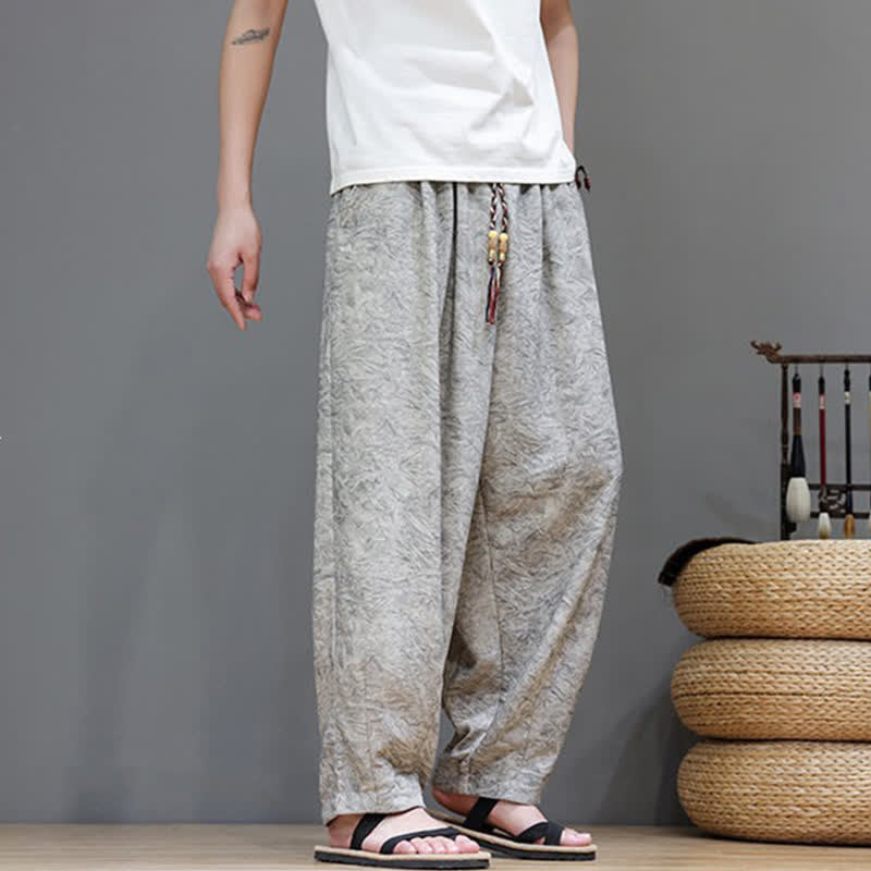 Nimara Ritual Summer Bohemian Drawstring Solid Plant Pattern Men's Harem Pants With Pockets