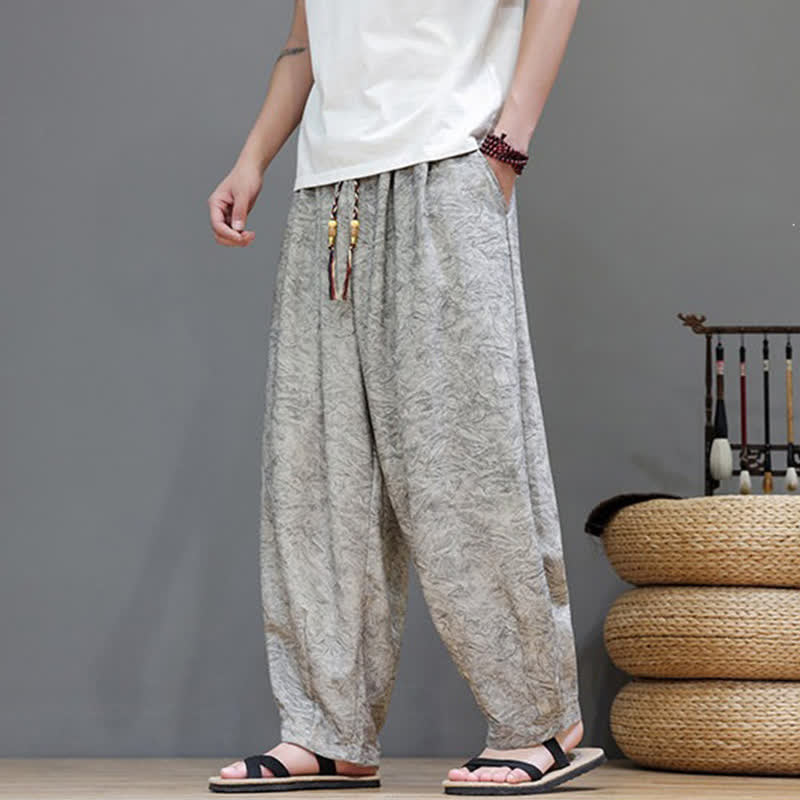 Nimara Ritual Summer Bohemian Drawstring Solid Plant Pattern Men's Harem Pants With Pockets