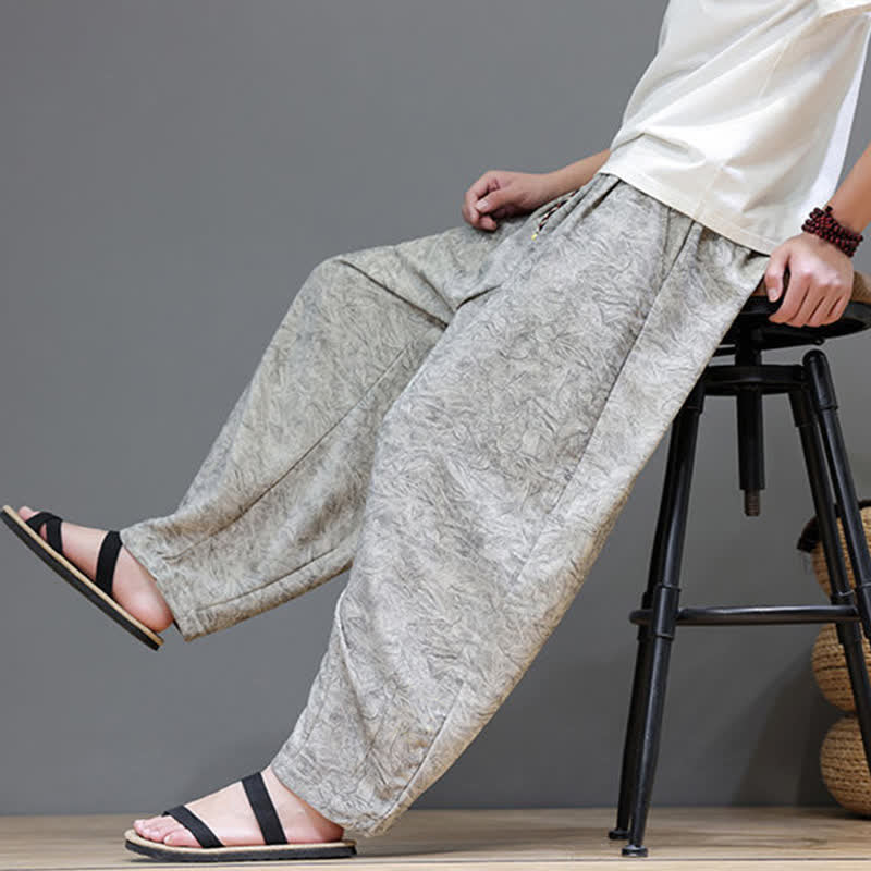 Nimara Ritual Summer Bohemian Drawstring Solid Plant Pattern Men's Harem Pants With Pockets