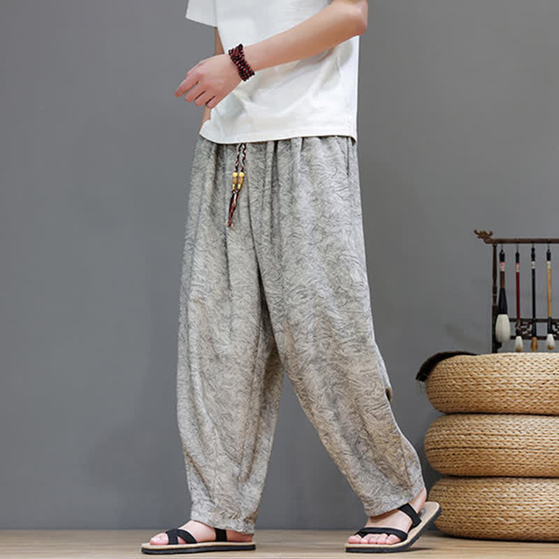 Nimara Ritual Summer Bohemian Drawstring Solid Plant Pattern Men's Harem Pants With Pockets