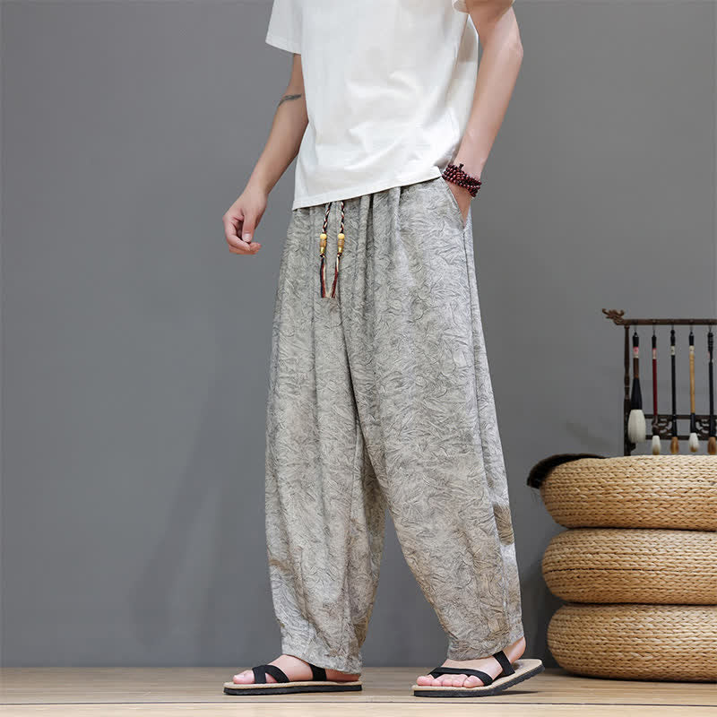 Nimara Ritual Summer Bohemian Drawstring Solid Plant Pattern Men's Harem Pants With Pockets