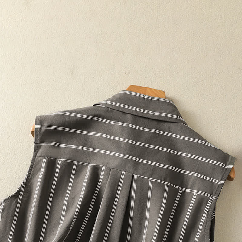 Nimara Ritual Summer Vintage Button-Up Striped Women's Sleeveless Shirts With Patch Pocket