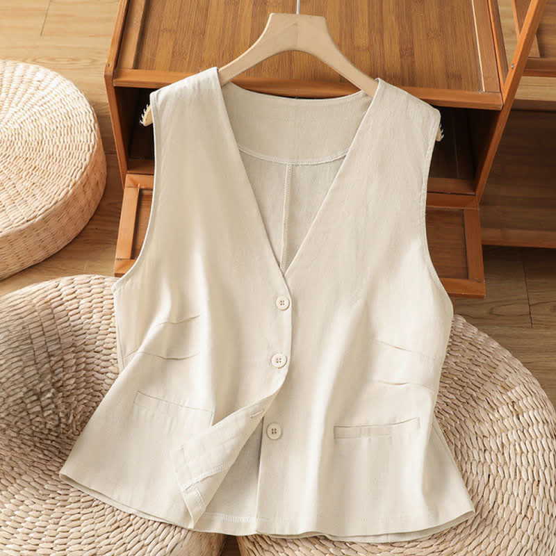 Nimara Ritual Summer Vintage Button-Up Solid Women's Sleeveless Shirts With Decorative Pockets