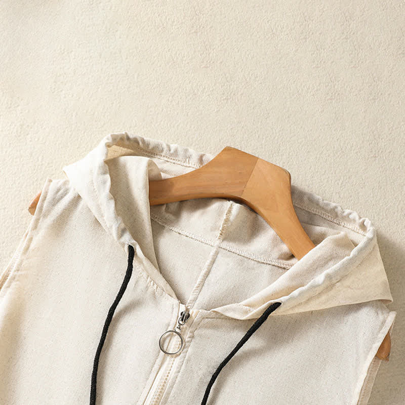 Nimara Ritual Summer Casual Drawstring Solid Zipper Design Women's Sleeveless Hooded Shirts With Pockets