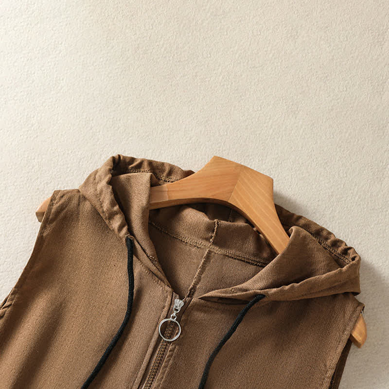 Nimara Ritual Summer Casual Drawstring Solid Zipper Design Women's Sleeveless Hooded Shirts With Pockets
