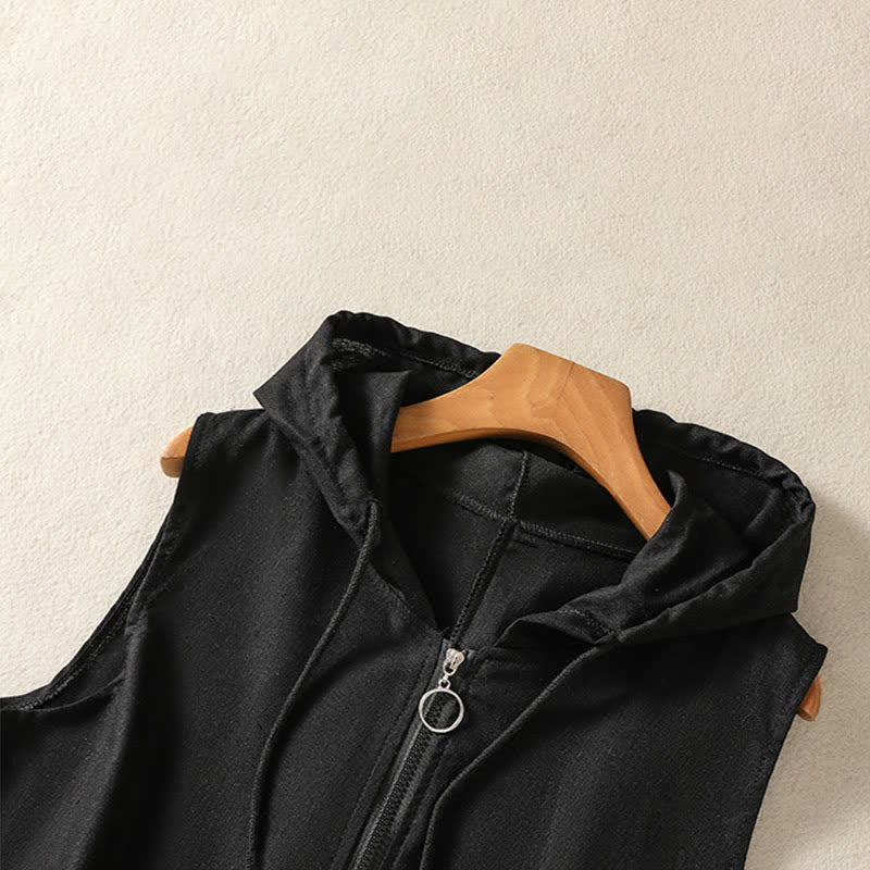 Nimara Ritual Summer Casual Drawstring Solid Zipper Design Women's Sleeveless Hooded Shirts With Pockets