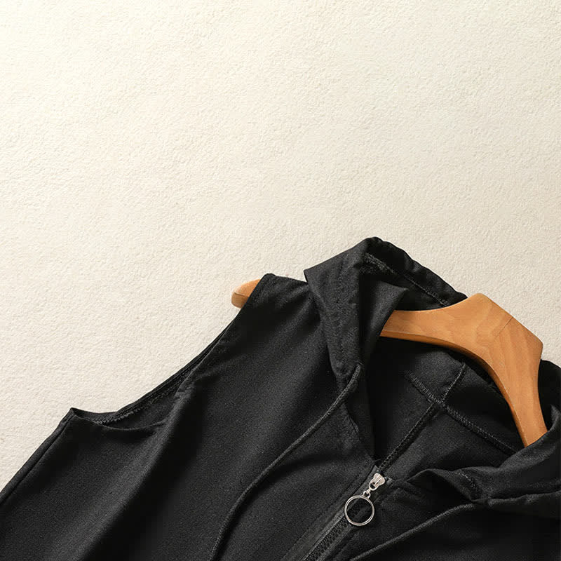 Nimara Ritual Summer Casual Drawstring Solid Zipper Design Women's Sleeveless Hooded Shirts With Pockets