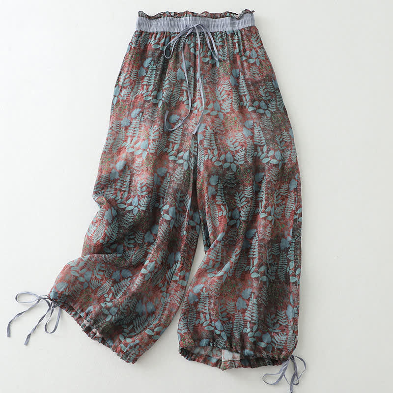 Nimara Ritual Summer Bohemian Drawstring Leaf Print Women's Straight Leg Pants With Pockets