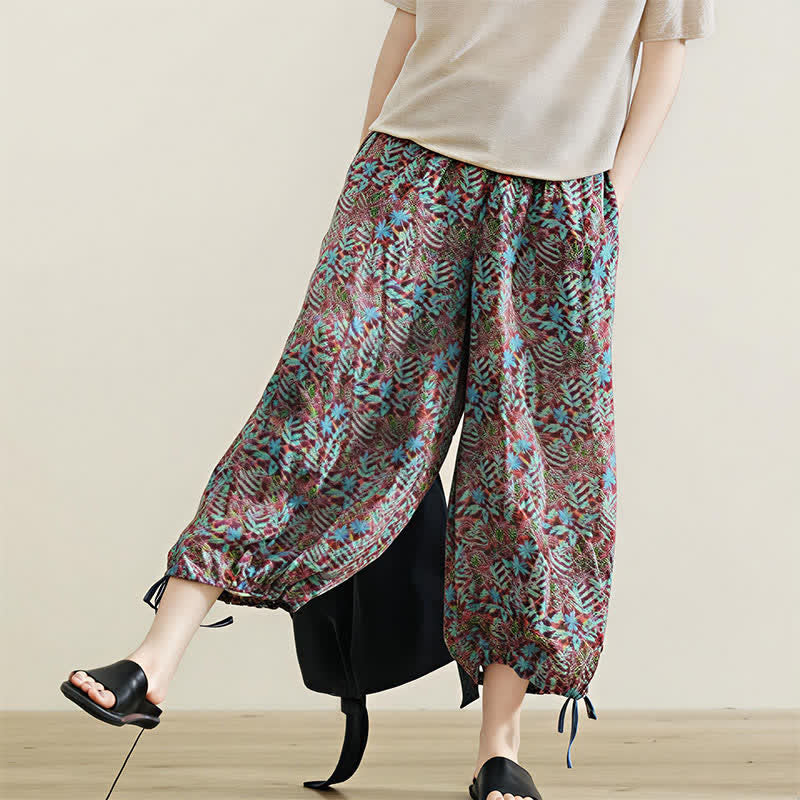 Nimara Ritual Summer Bohemian Drawstring Leaf Print Women's Straight Leg Pants With Pockets