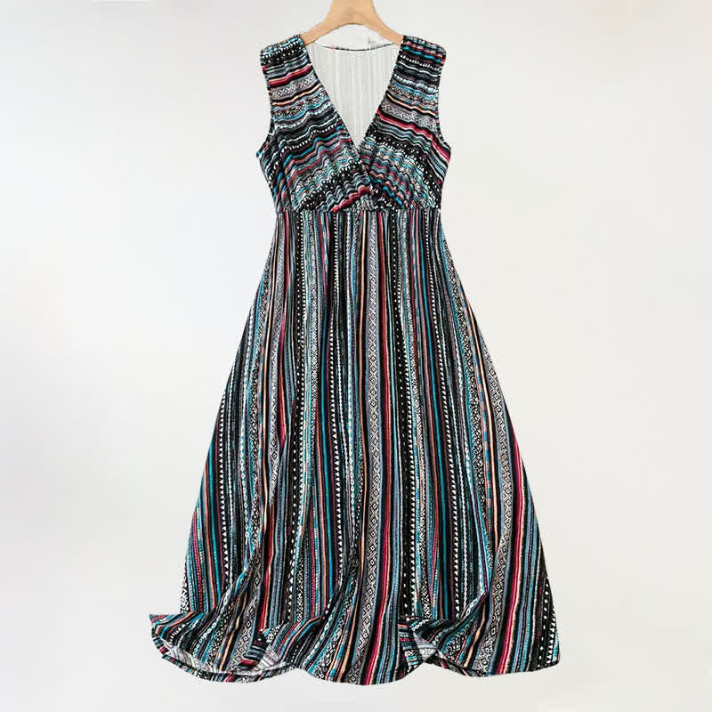 Nimara Ritual Summer Bohemian Stripes V-Neck Women's Summer Sleeveless Dress