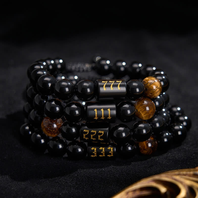 Nimara Ritual Angel Number Natural Black Obsidian Tiger Eye Strength Fulfillment Bracelet