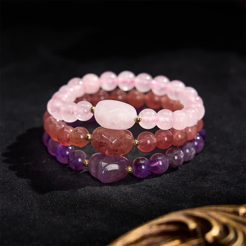 Nimara Ritual Natural Amethyst Green Aventurine Tiger Eye Strawberry Quartz Love Heart Spiritual Bracelet