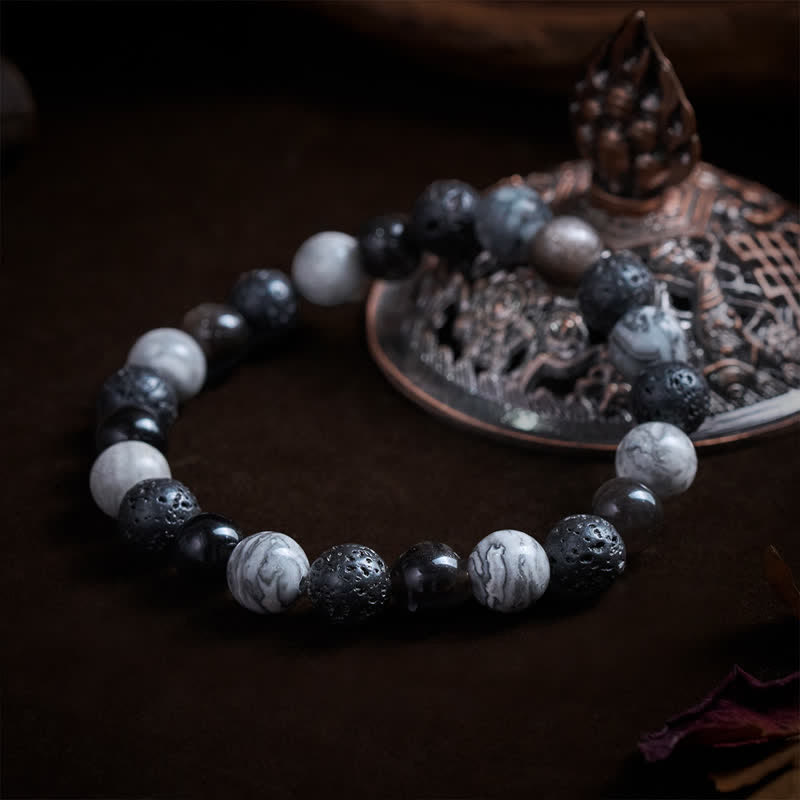 Support and Strength Black Obsidian Lava Rock Picasso Jasper Beads Bracelet