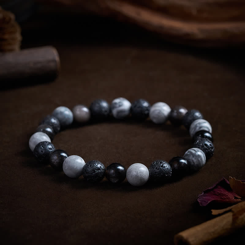 Support and Strength Black Obsidian Lava Rock Picasso Jasper Beads Bracelet