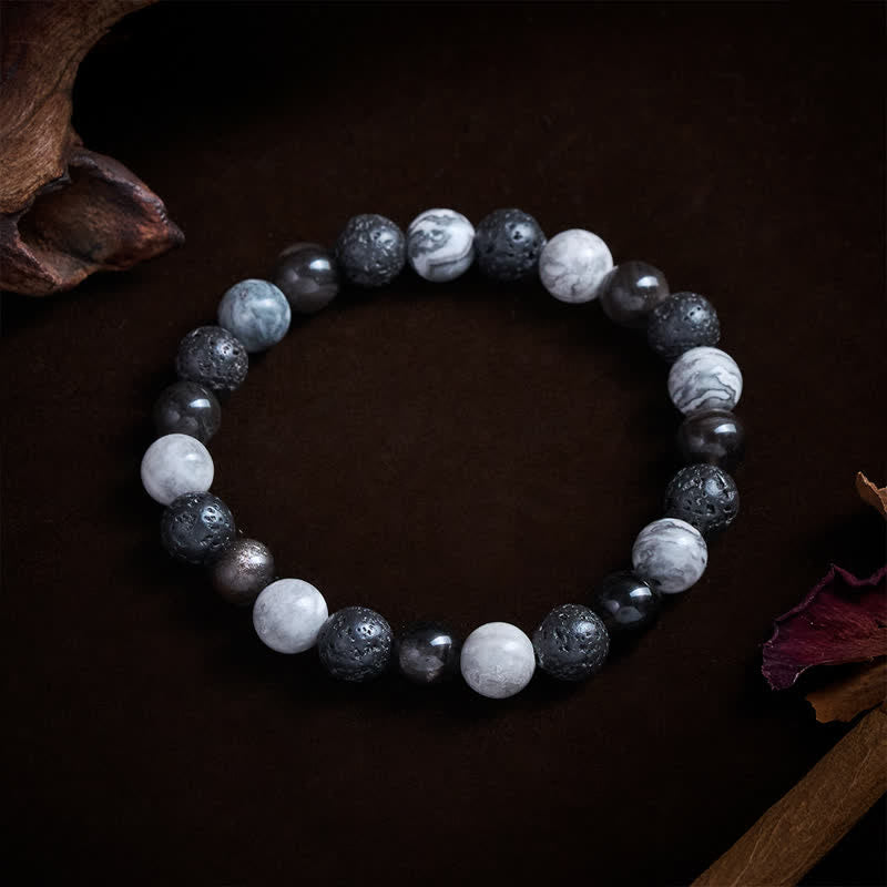Support and Strength Black Obsidian Lava Rock Picasso Jasper Beads Bracelet