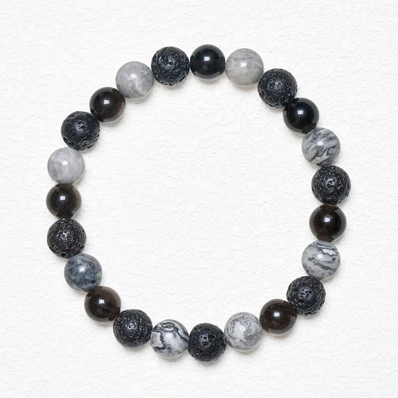 Support and Strength Black Obsidian Lava Rock Picasso Jasper Beads Bracelet
