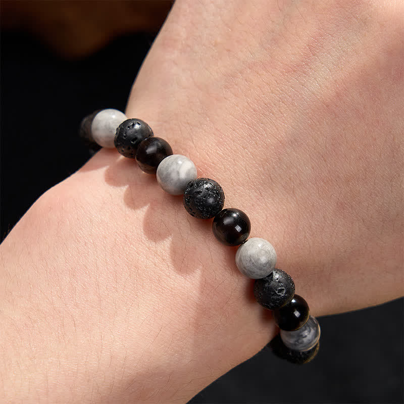 Support and Strength Black Obsidian Lava Rock Picasso Jasper Beads Bracelet