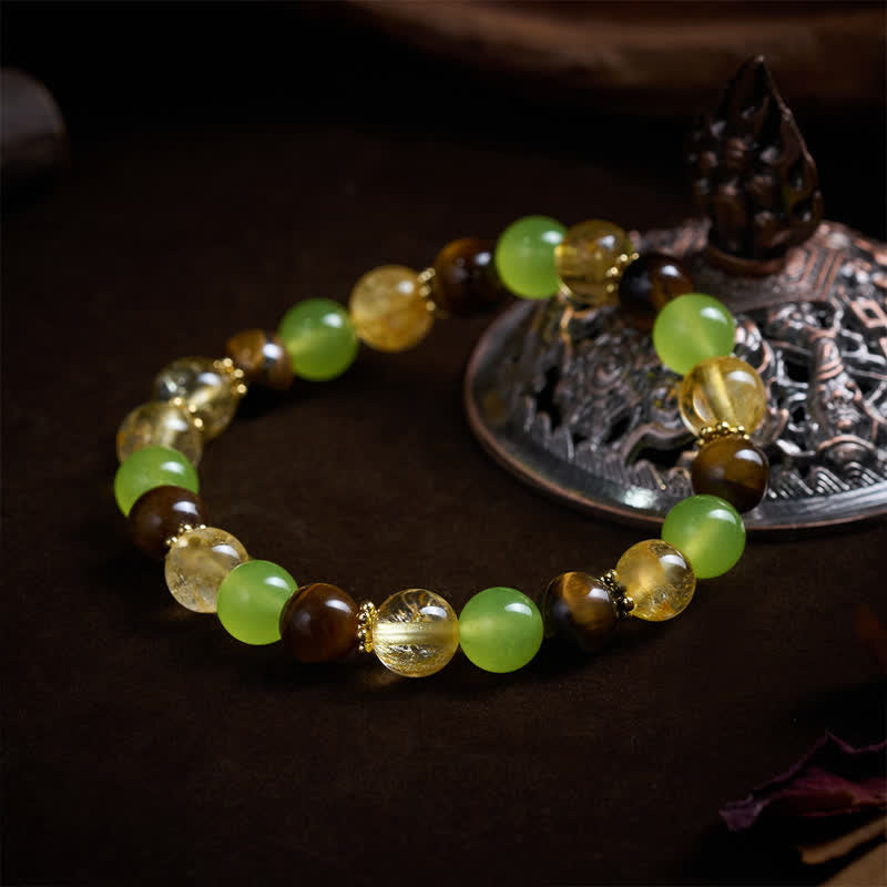 Prosperity and Happiness Natural Citrine Tiger Eye Green Jade Bracelet