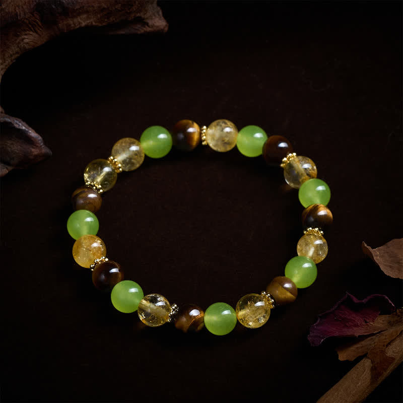 Prosperity and Happiness Natural Citrine Tiger Eye Green Jade Bracelet
