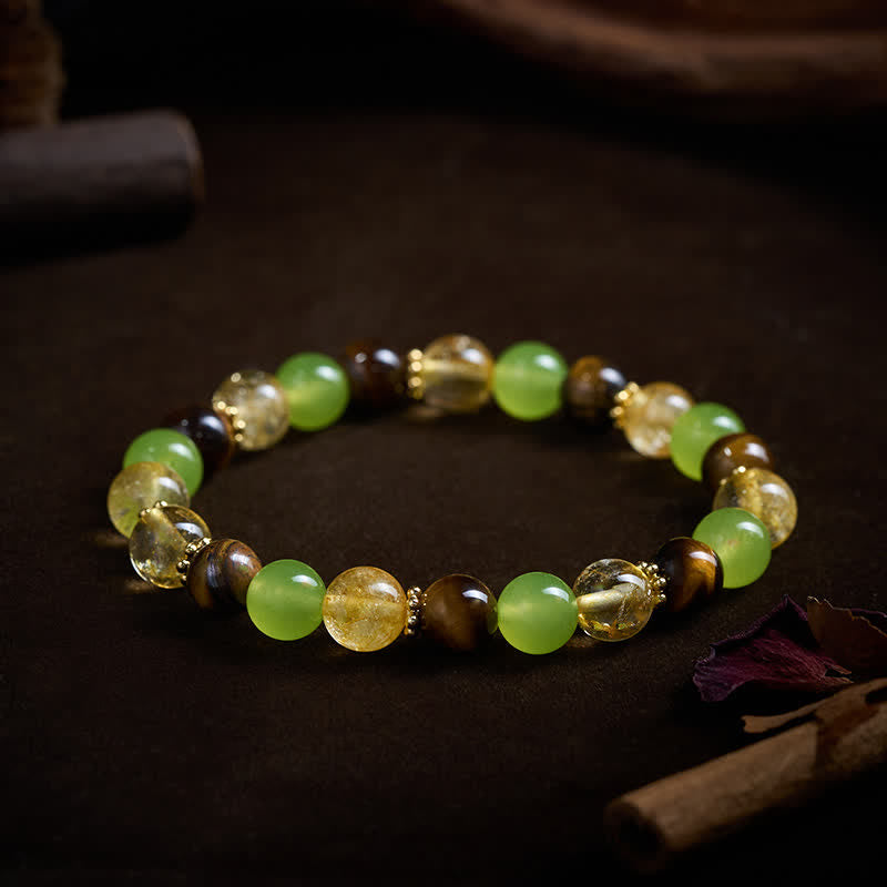 Prosperity and Happiness Natural Citrine Tiger Eye Green Jade Bracelet