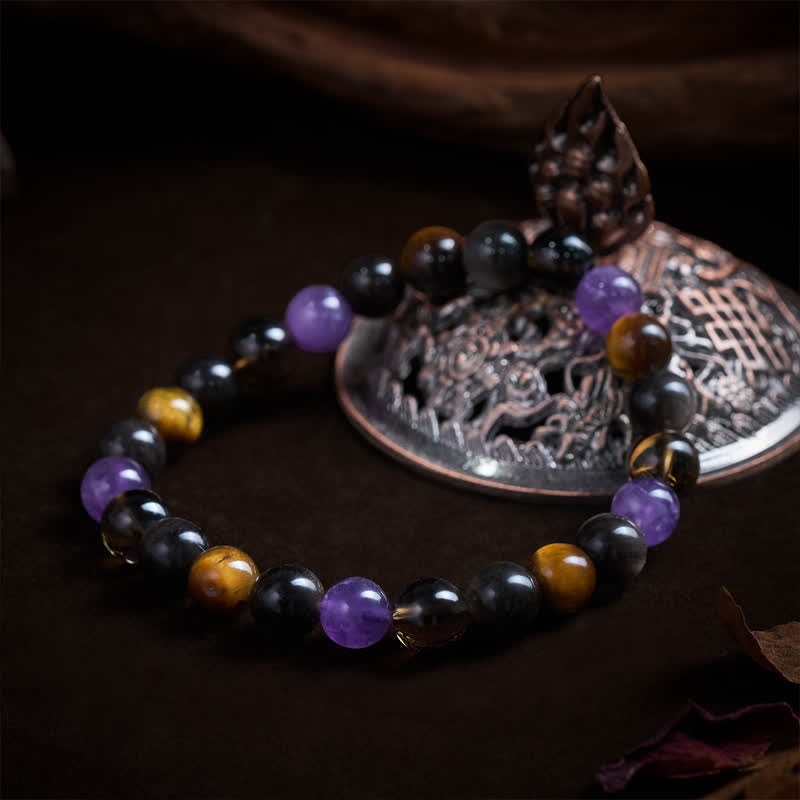 Inner Peace and Healing Natural Amethyst Tiger Eye Black Obsidian Smoky Quartz Bracelet