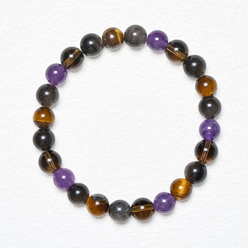 Inner Peace and Healing Natural Amethyst Tiger Eye Black Obsidian Smoky Quartz Bracelet